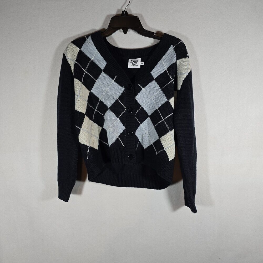 Princess Polly Blue White Chunky Knit Cropped Cardigan S/M Sweater N1 Gently Use